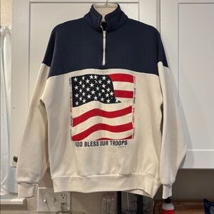 Vtg God Bless Our Troops 1991 XL American Flag Military Quarter Zip Sweater Top